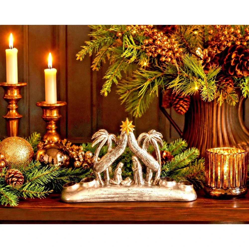 Demdaco Wendy Wiinanen 2018 Nativity Luke 4 Candle Holders Metallic Silver